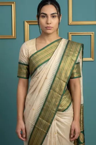 Off white border woven zari border & buti work silk blend fabric traditional festive style