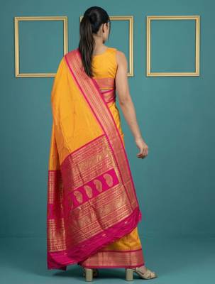 Mustard border woven zari border & buti work silk blend fabric traditional festive style 2