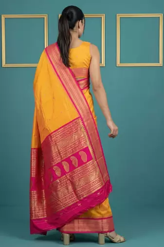 Mustard border woven zari border & buti work silk blend fabric traditional festive style