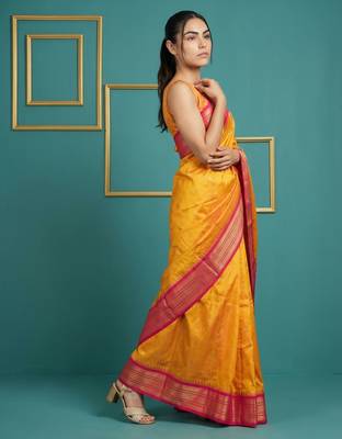 Mustard border woven zari border & buti work silk blend fabric traditional festive style 3