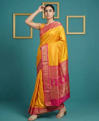 Mustard border woven zari border & buti work silk blend fabric traditional festive style 4
