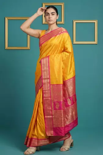 Mustard border woven zari border & buti work silk blend fabric traditional festive style