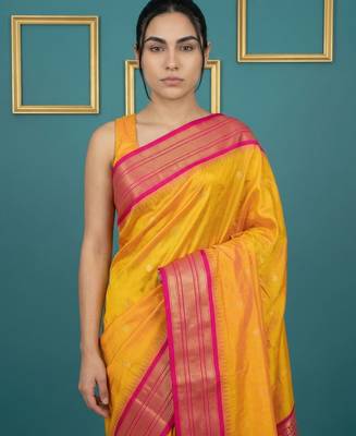 Mustard border woven zari border & buti work silk blend fabric traditional festive style 5