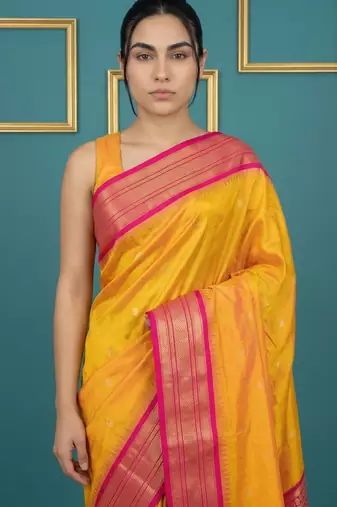 Mustard border woven zari border & buti work silk blend fabric traditional festive style