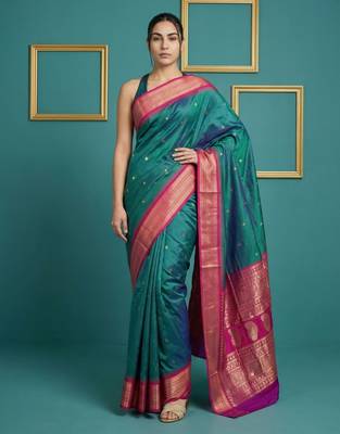 Teal border woven zari border & buti work silk blend fabric traditional festive style 1