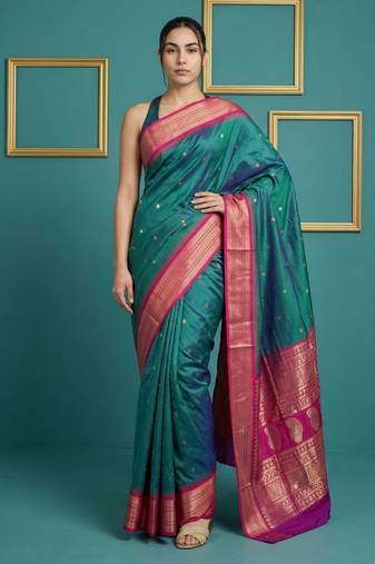 Teal border woven zari border & buti work silk blend fabric traditional festive style