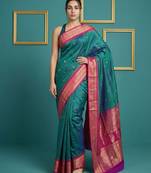 Teal border woven zari border & buti work silk blend fabric traditional festive style