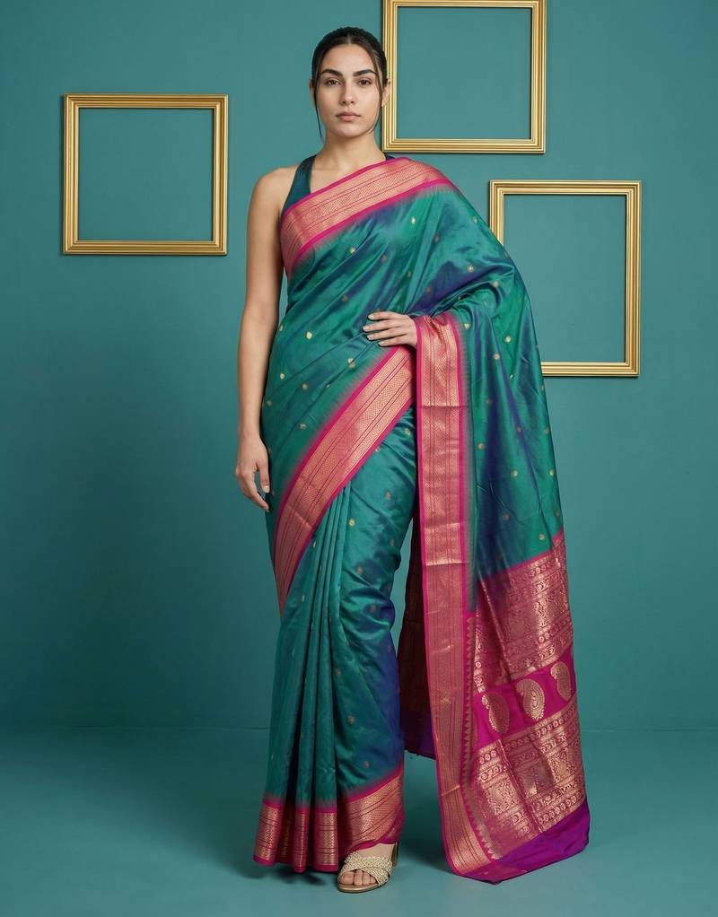Teal border woven zari border & buti work silk blend fabric traditional festive style