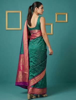 Teal border woven zari border & buti work silk blend fabric traditional festive style 2