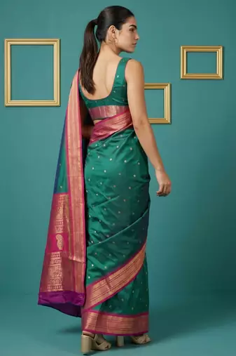 Teal border woven zari border & buti work silk blend fabric traditional festive style