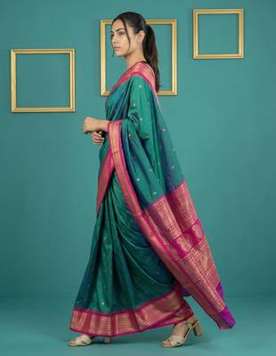 Teal border woven zari border & buti work silk blend fabric traditional festive style 3