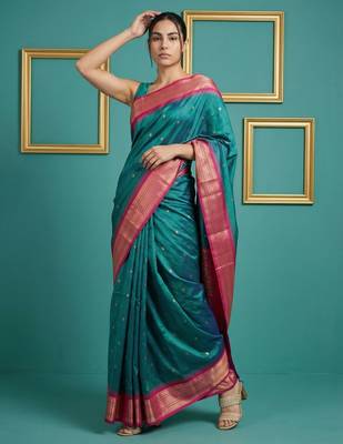 Teal border woven zari border & buti work silk blend fabric traditional festive style 4