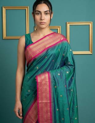 Teal border woven zari border & buti work silk blend fabric traditional festive style 5