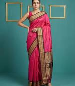 Pink border woven zari border & buti work silk blend fabric traditional festive style