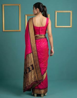 Pink border woven zari border & buti work silk blend fabric traditional festive style 2