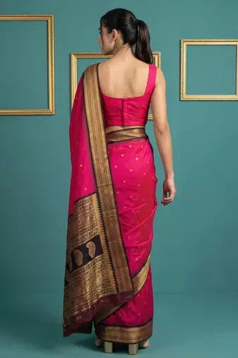 Pink border woven zari border & buti work silk blend fabric traditional festive style