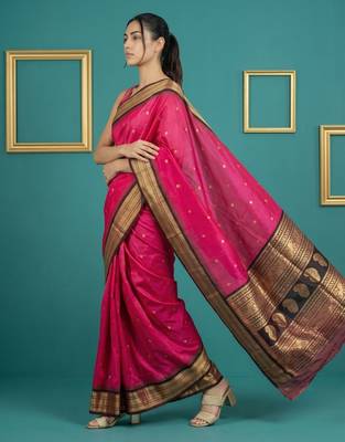 Pink border woven zari border & buti work silk blend fabric traditional festive style 3