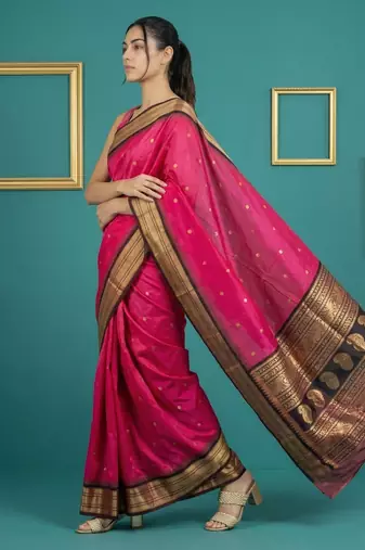 Pink border woven zari border & buti work silk blend fabric traditional festive style