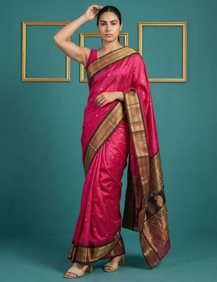 Pink border woven zari border & buti work silk blend fabric traditional festive style 4