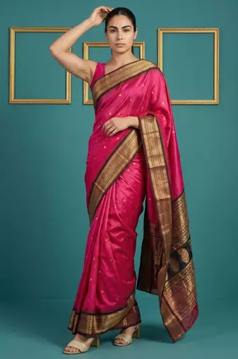 Pink border woven zari border & buti work silk blend fabric traditional festive style