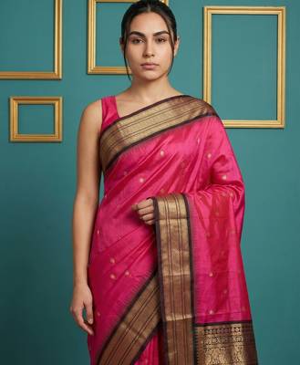 Pink border woven zari border & buti work silk blend fabric traditional festive style 5