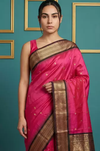Pink border woven zari border & buti work silk blend fabric traditional festive style