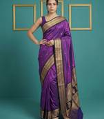 Purple border woven zari border & buti work silk blend fabric traditional festive style