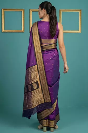 Purple border woven zari border & buti work silk blend fabric traditional festive style