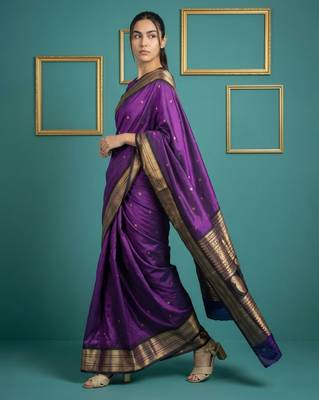 Purple border woven zari border & buti work silk blend fabric traditional festive style 3