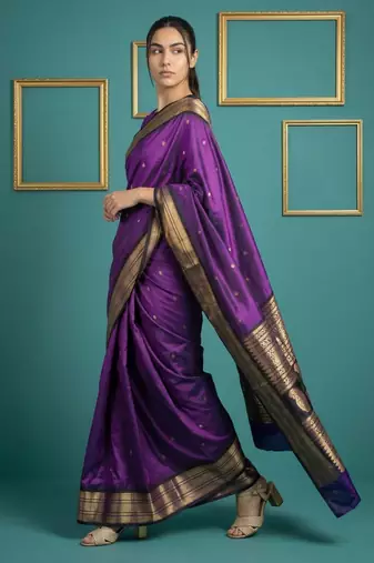 Purple border woven zari border & buti work silk blend fabric traditional festive style