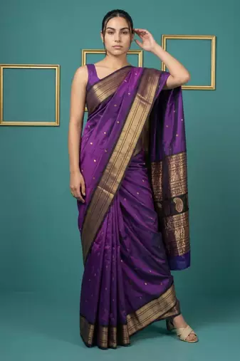 Purple border woven zari border & buti work silk blend fabric traditional festive style