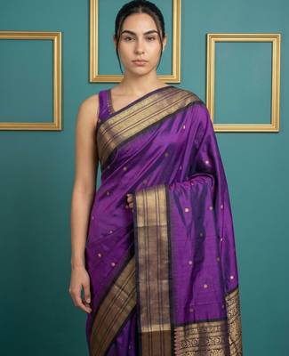 Purple border woven zari border & buti work silk blend fabric traditional festive style 5