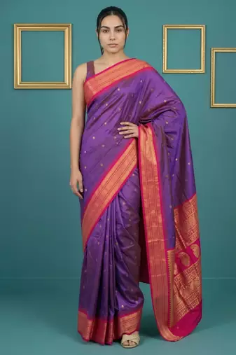 Purple border woven zari border & buti work silk blend fabric traditional festive style