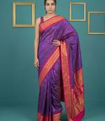 Purple border woven zari border & buti work silk blend fabric traditional festive style