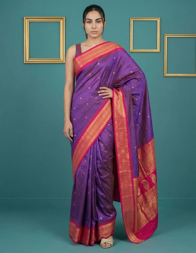 Purple border woven zari border & buti work silk blend fabric traditional festive style