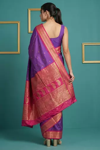Purple border woven zari border & buti work silk blend fabric traditional festive style