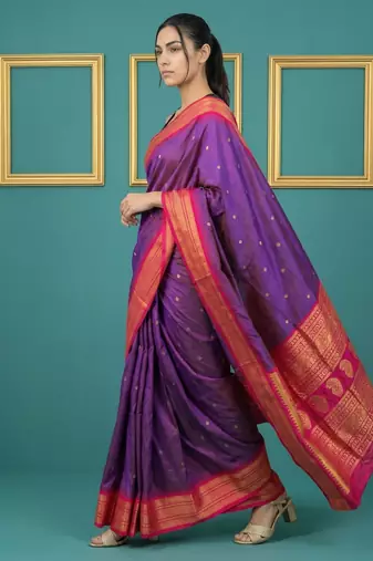 Purple border woven zari border & buti work silk blend fabric traditional festive style