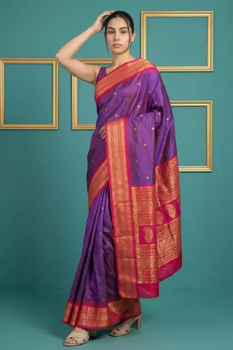 Purple border woven zari border & buti work silk blend fabric traditional festive style