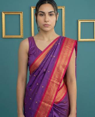 Purple border woven zari border & buti work silk blend fabric traditional festive style 5