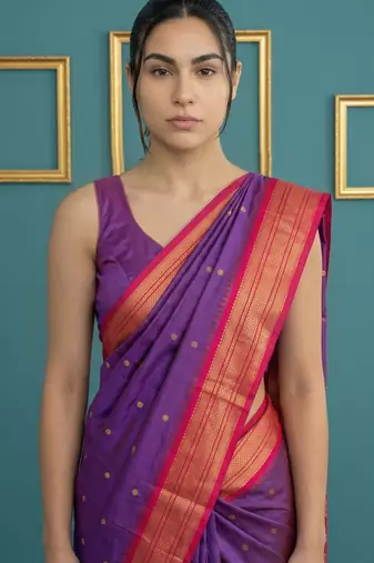 Purple border woven zari border & buti work silk blend fabric traditional festive style