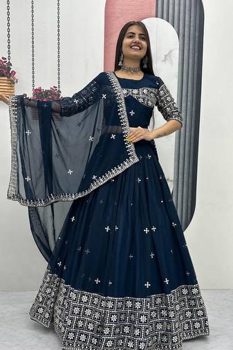 Neavy Blue Color Embroidery Sequence Work Fox Georgette Lahenga Choli Set