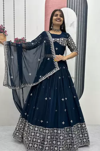 Neavy Blue Color Embroidery Sequence Work Fox Georgette Lahenga Choli Set