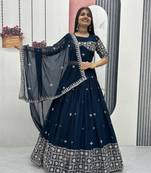 Neavy Blue Color Embroidery Sequence Work Fox Georgette Lahenga Choli Set
