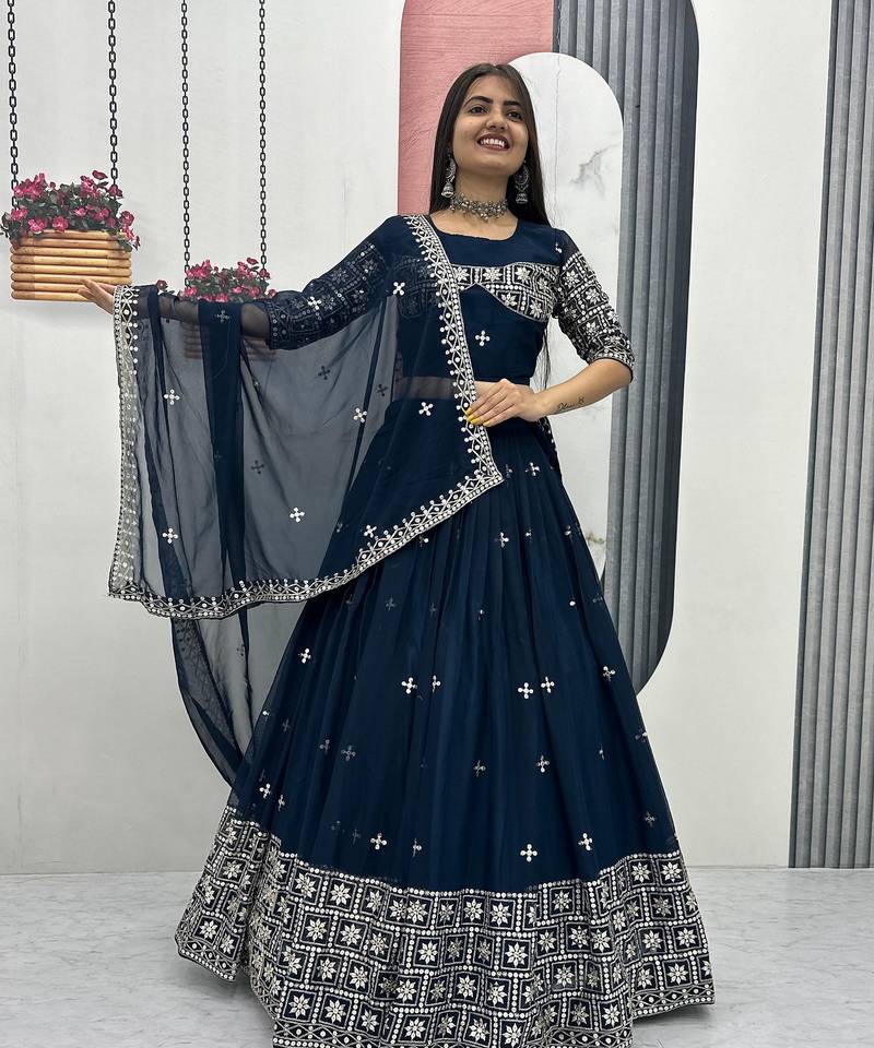 Neavy Blue Color Embroidery Sequence Work Fox Georgette Lahenga Choli Set