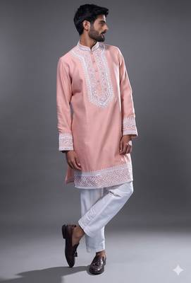 Peach embroidered, mirror silk kurta pant 3