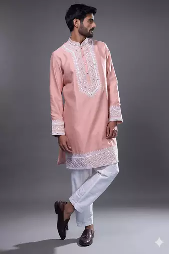 Peach embroidered, mirror silk kurta pant