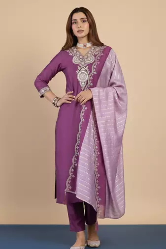 Purple women kurta pant dupatta set
