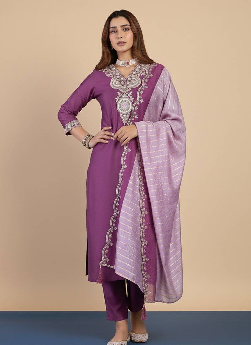 Purple women kurta pant dupatta set