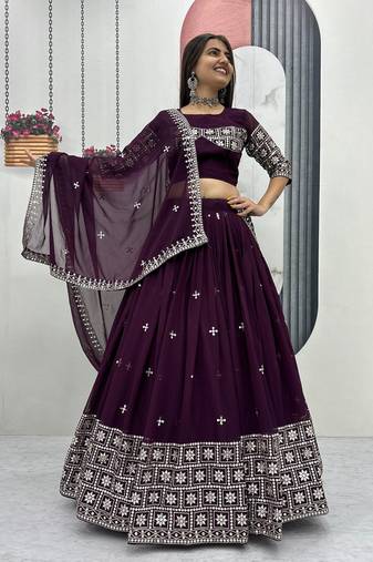 Wine Color Embroidery Sequence Work Fox Georgette Lahenga Choli Set