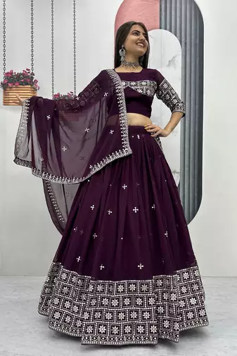Wine Color Embroidery Sequence Work Fox Georgette Lahenga Choli Set